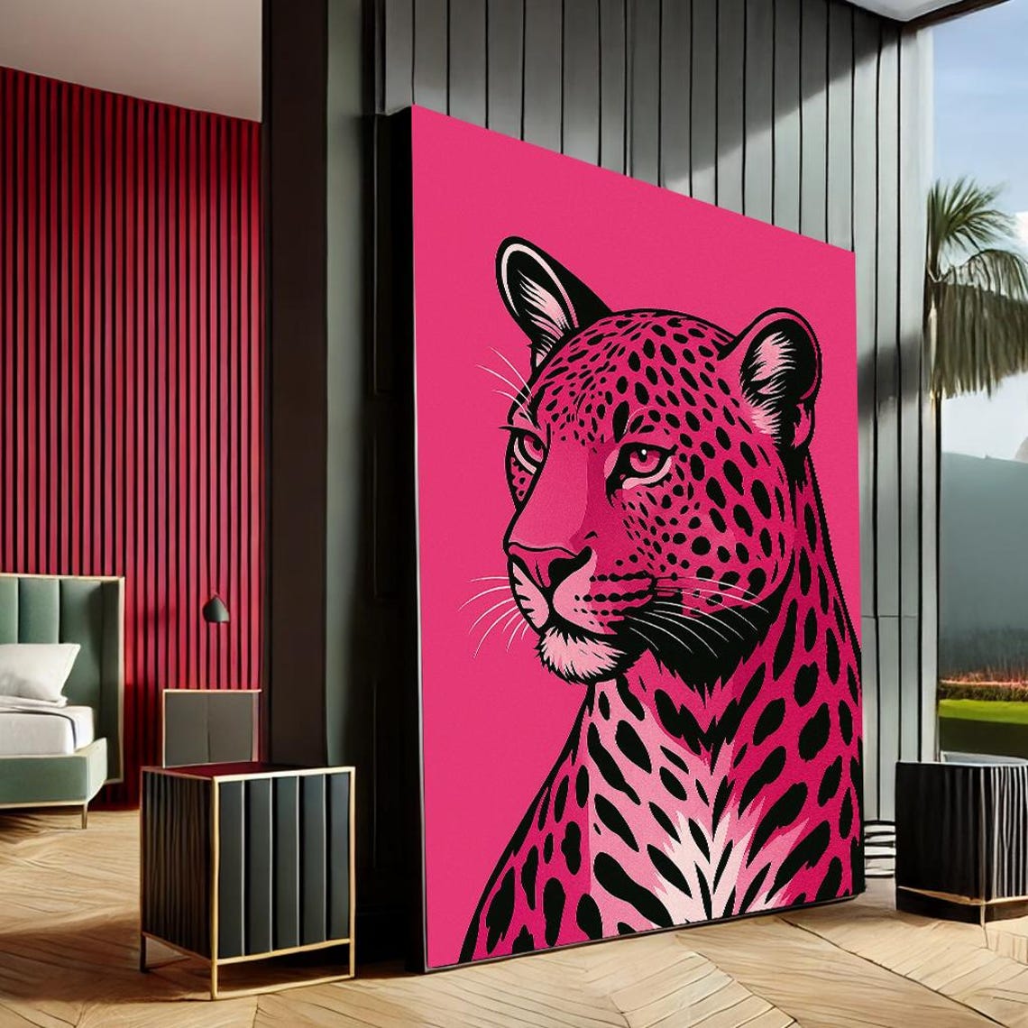 Bold Leopard Pop Art Canvas Wall Print Pink Black Living Room Decor Statement Piece