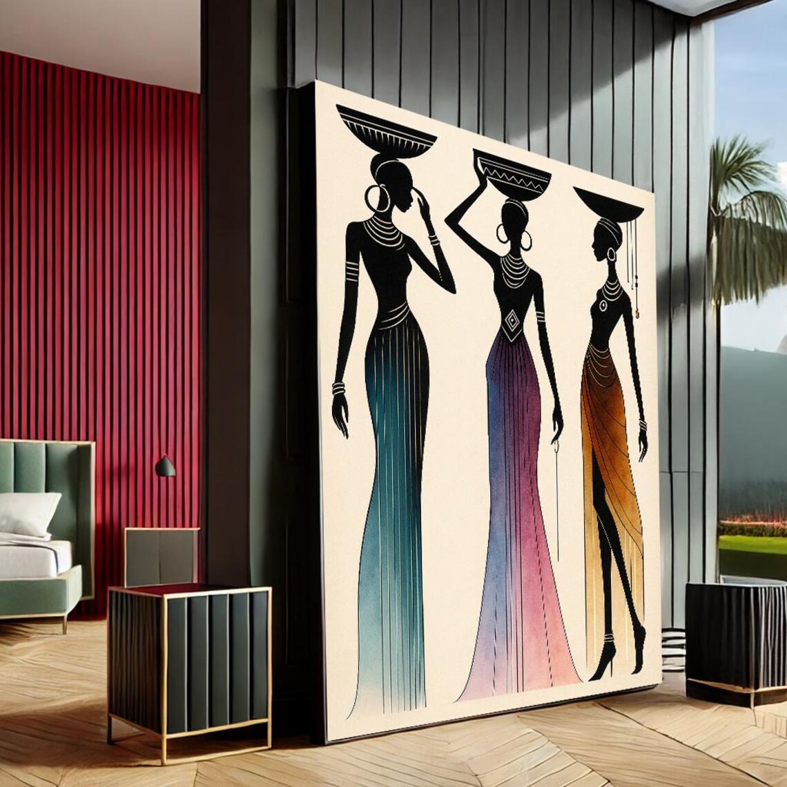 African Women Baskets Silhouette Elegant Cultural Tribal Style Wall Art