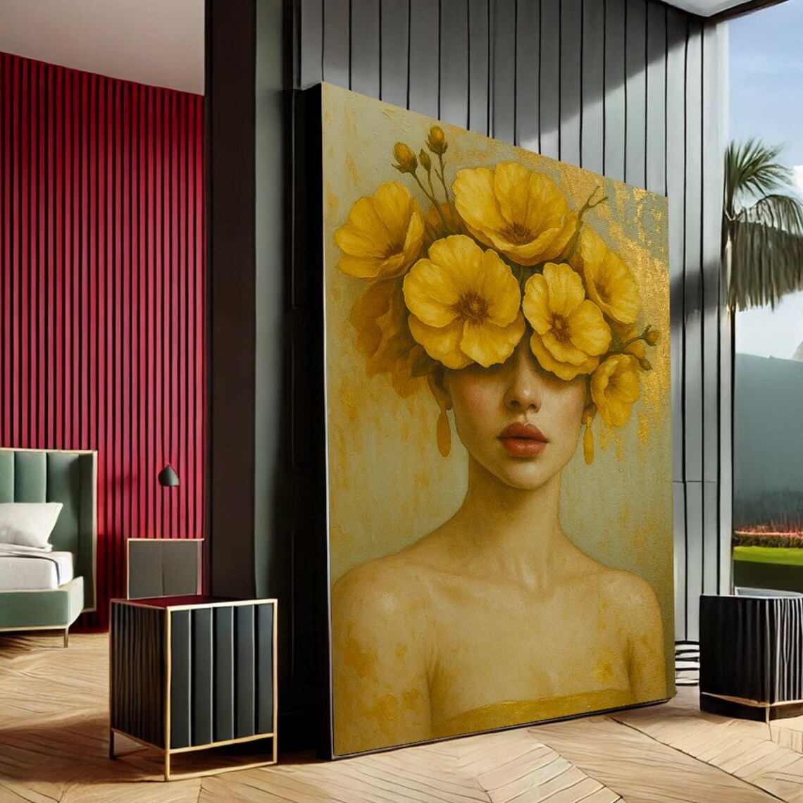 Empowering Woman Yellow Flowers Golden Floral Modern Portrait Art Poster