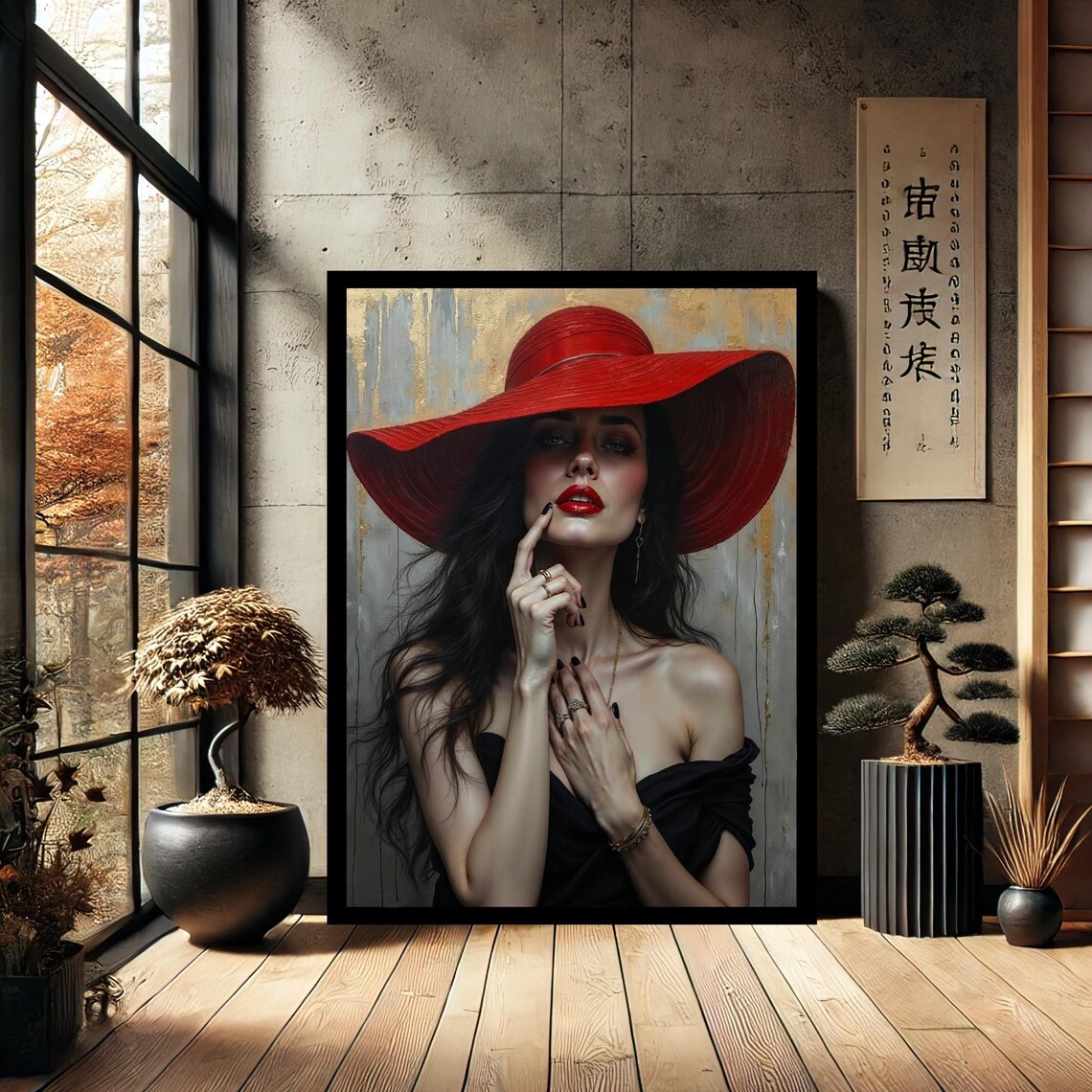 Elegant Woman Red Wide Brim Hat Black Dress Glamorous Poster