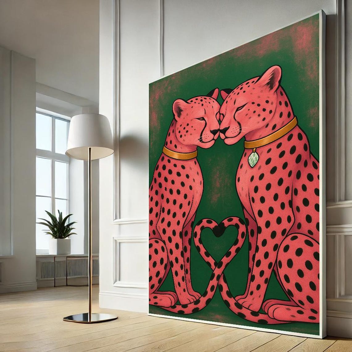Pink Leopard Couple Heart Tail Whimsical Playful Animal Wall Art