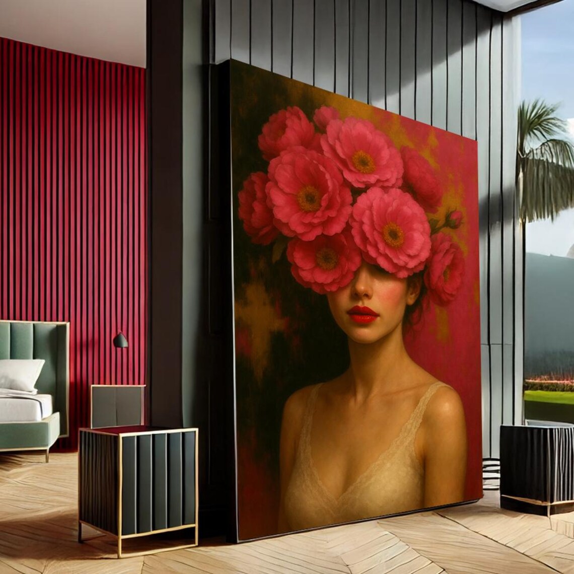 Woman With Pink Flower Crown Dreamy Romantic Modern Oil Wall Art