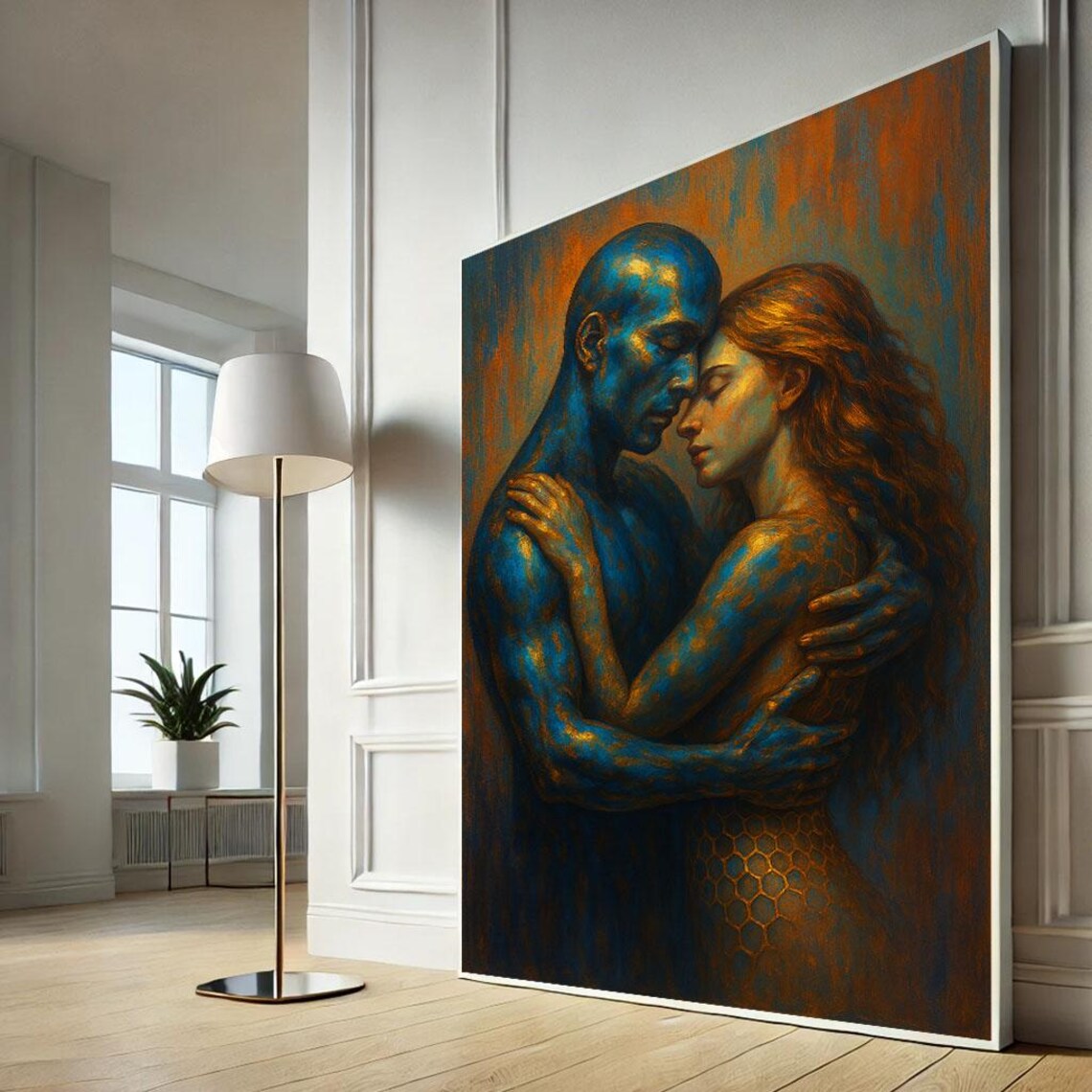 Passionate Couple Embrace Blue Orange Abstract Love Art Poster