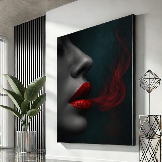 Elegant Woman Sexy Lips Abstract Canvas Wall Art Striking Living Room Decor Ready To Hang Sophisticated Gift