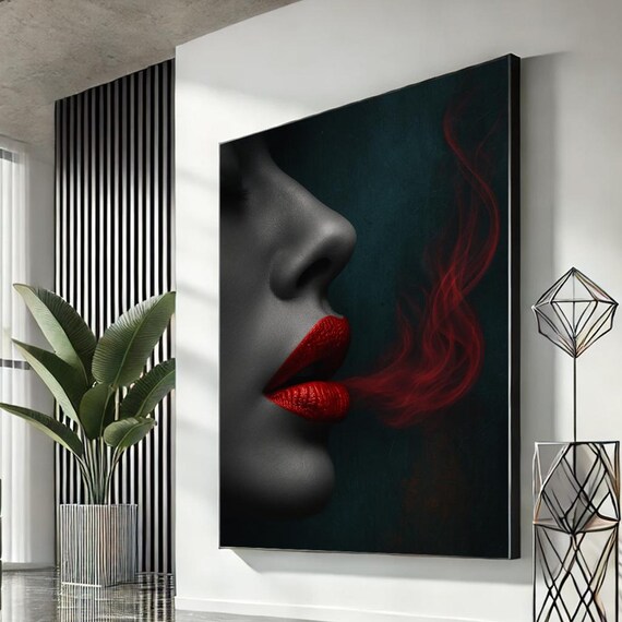 Woman Red Lips Smoke Dramatic Black Red Beauty Art Wall Poster