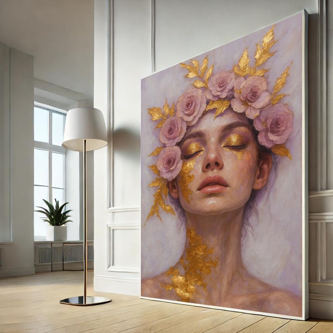 Floral Woman Portrait Canvas Wall Art with Pink Roses Gold Accent