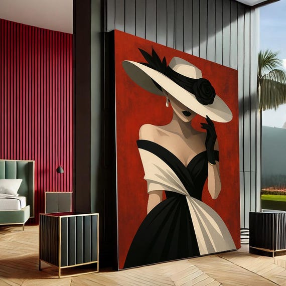 Elegant Woman Modern Abstract Canvas Wall Art Print Black Red Living Room Decor Statement Piece