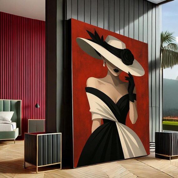 Stylish Woman White Hat Black Dress Red Background Fashion Art Poster