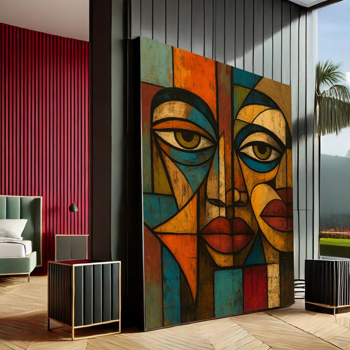 Vibrant Abstract Face Cubist Modern Canvas Painting Multicolor Wall Art