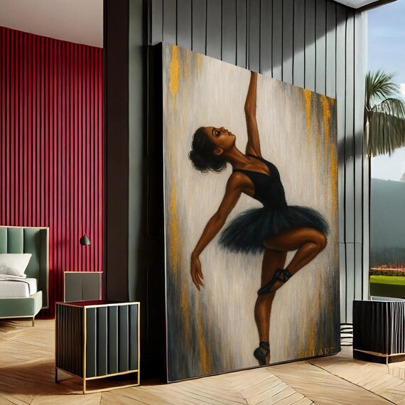 Elegant Ballerina Modern Canvas Wall Art Print Black Gold Bedroom Decor Ready To Hang