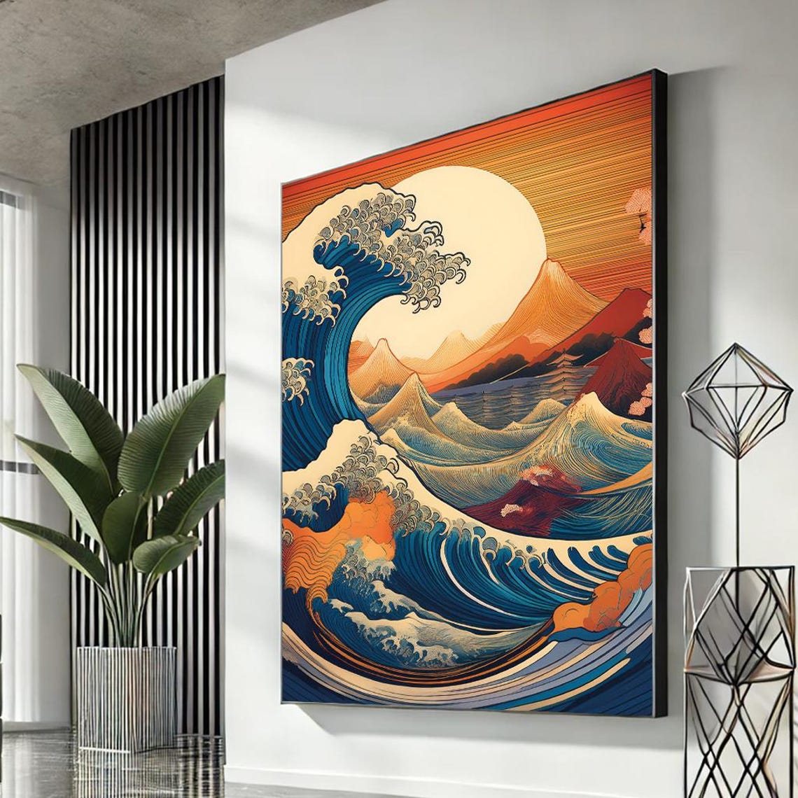 Great Wave Red Sun Rising Mountain Waves Japanese Art Wall Poster