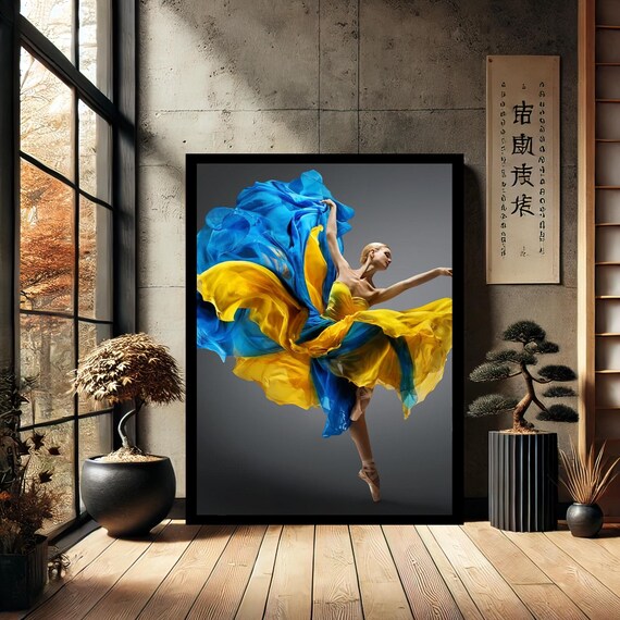 Blue Yellow Ballerina Flowing Fabric Modern Ballet Dancer Poster