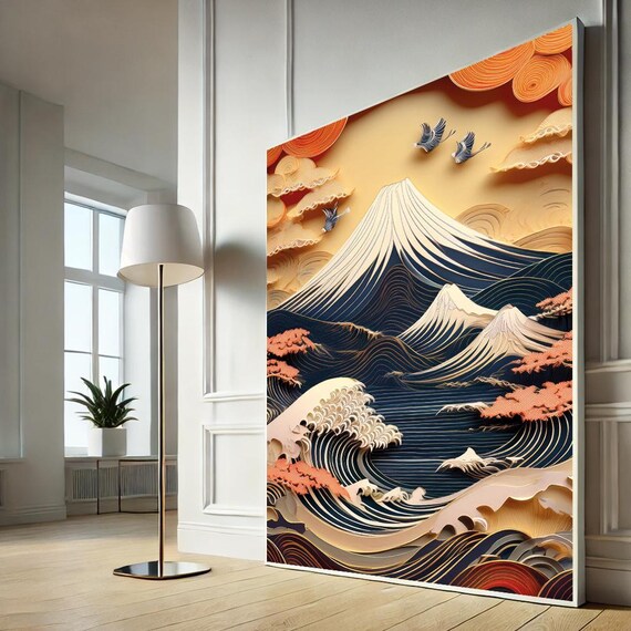 Quilled Paper Great Wave Mount Fuji Orange Sunset Ocean Poster