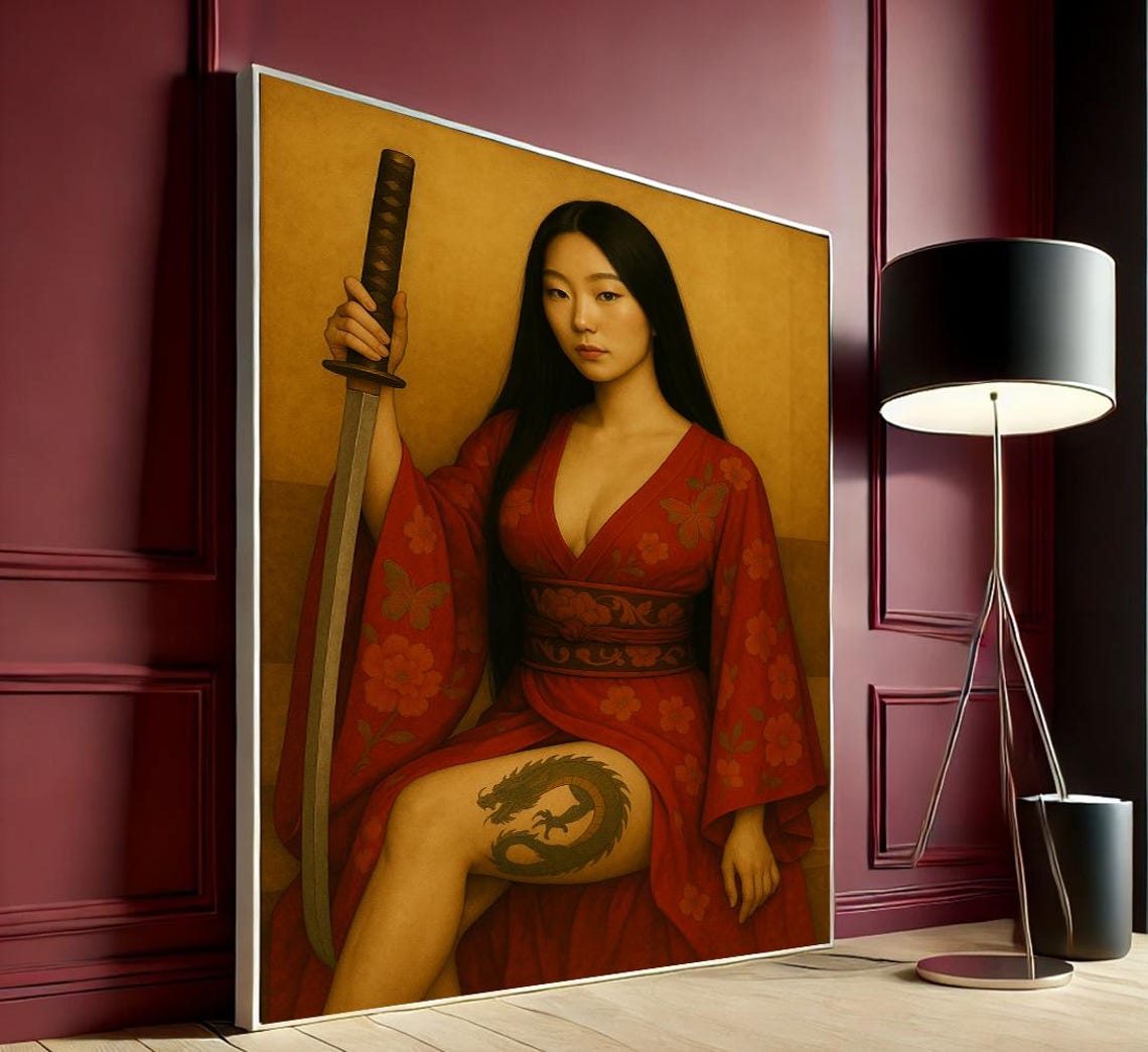 Red Kimono Samurai Woman Katana Dragon Tattoo Japanese Poster