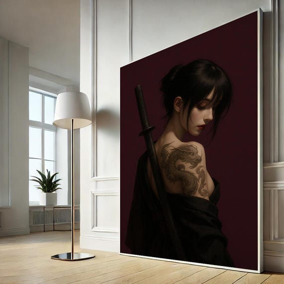 Mystical Samurai Woman With Dragon Tattoo Canvas Art Elegant Dark Portrait For Modern Living Room Unique Feminist Wall Decor