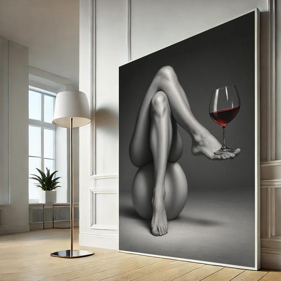 Black And White Female Legs Canvas Wall Art Minimalist Wine Glass Surreal Print Elegant Nude Body Abstract Modern Home Decor