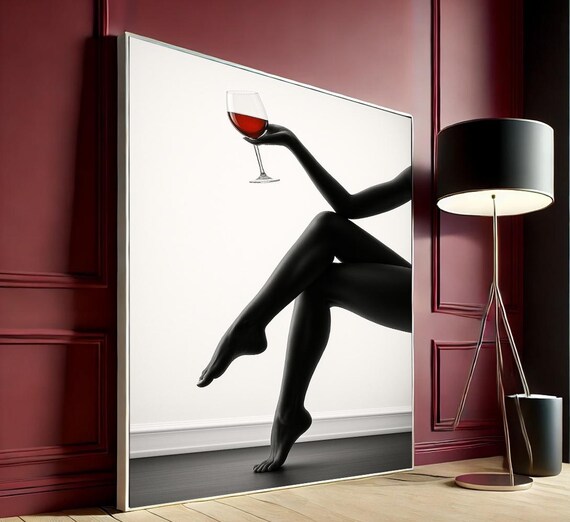 Minimalist Woman Silhouette Canvas Print Red Wine Glass Black Decor