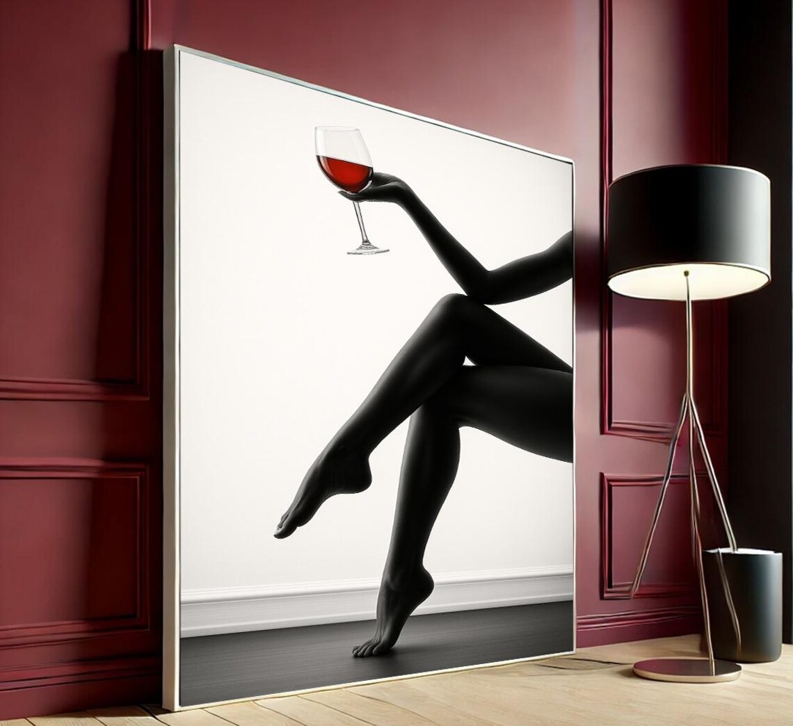 Minimalist Woman Silhouette Canvas Print Red Wine Glass Black Decor