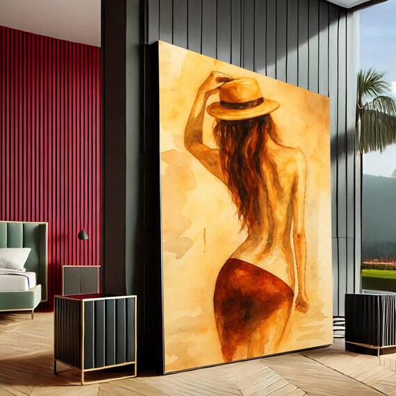 Woman in Straw Hat Watercolor Back View Warm Golden Art Print