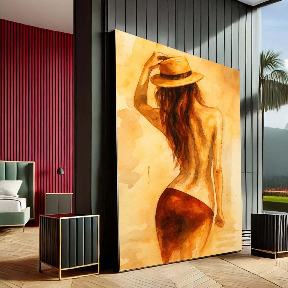 Woman in Straw Hat Watercolor Back View Warm Golden Art Print