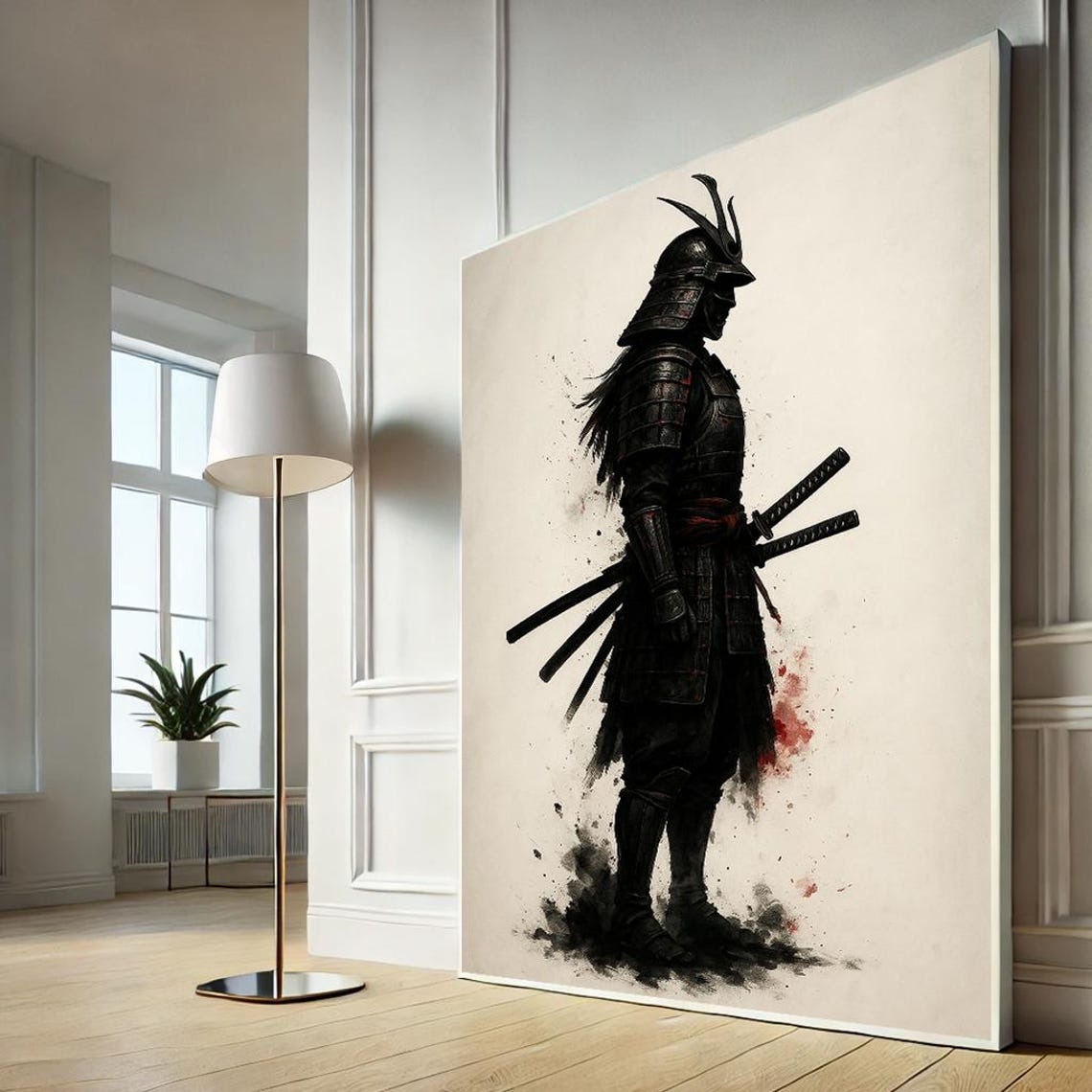 Black Samurai Warrior Ink Wash Painting Japanese Katana Armor Poster