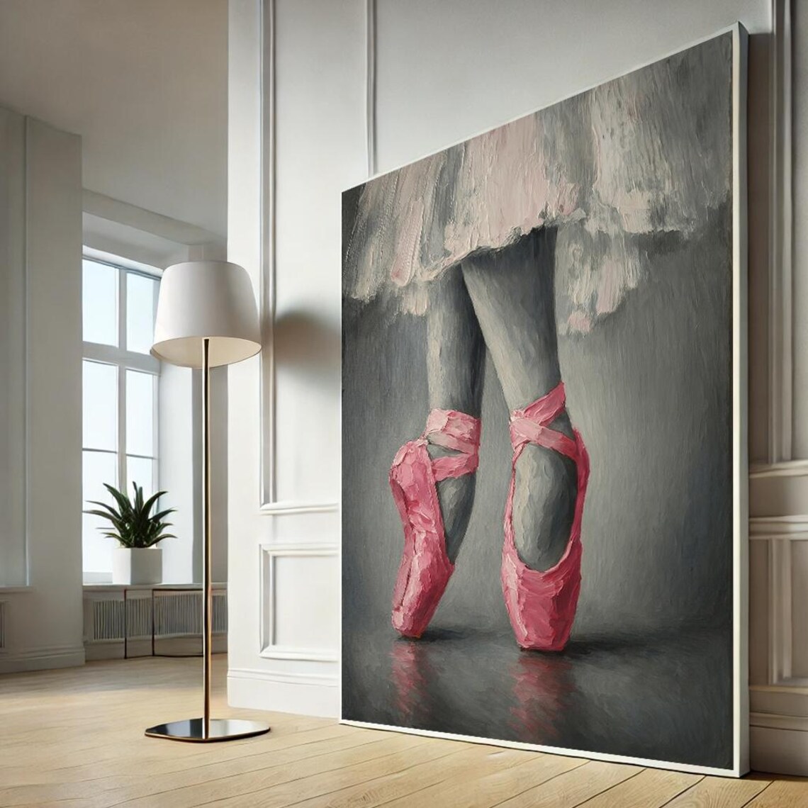Ballerina Pink Pointe Shoes Oil Painting Grey Background Art Print