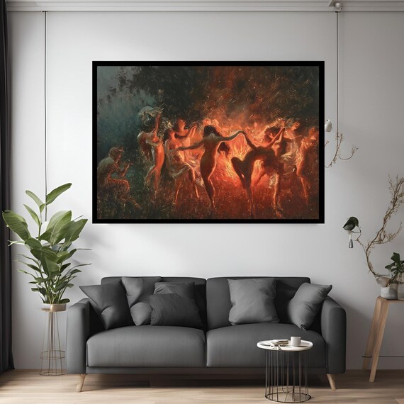 Fiery Orange Dancers Around Fire Night Expressionist Painting Wall Art