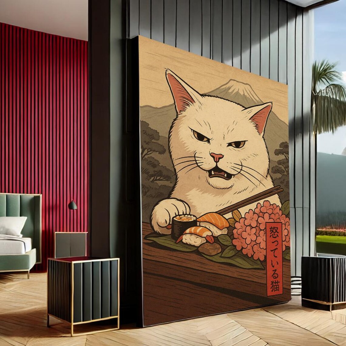 Grumpy White Cat Eating Sushi Woodblock Style Poster With Mount Fuji