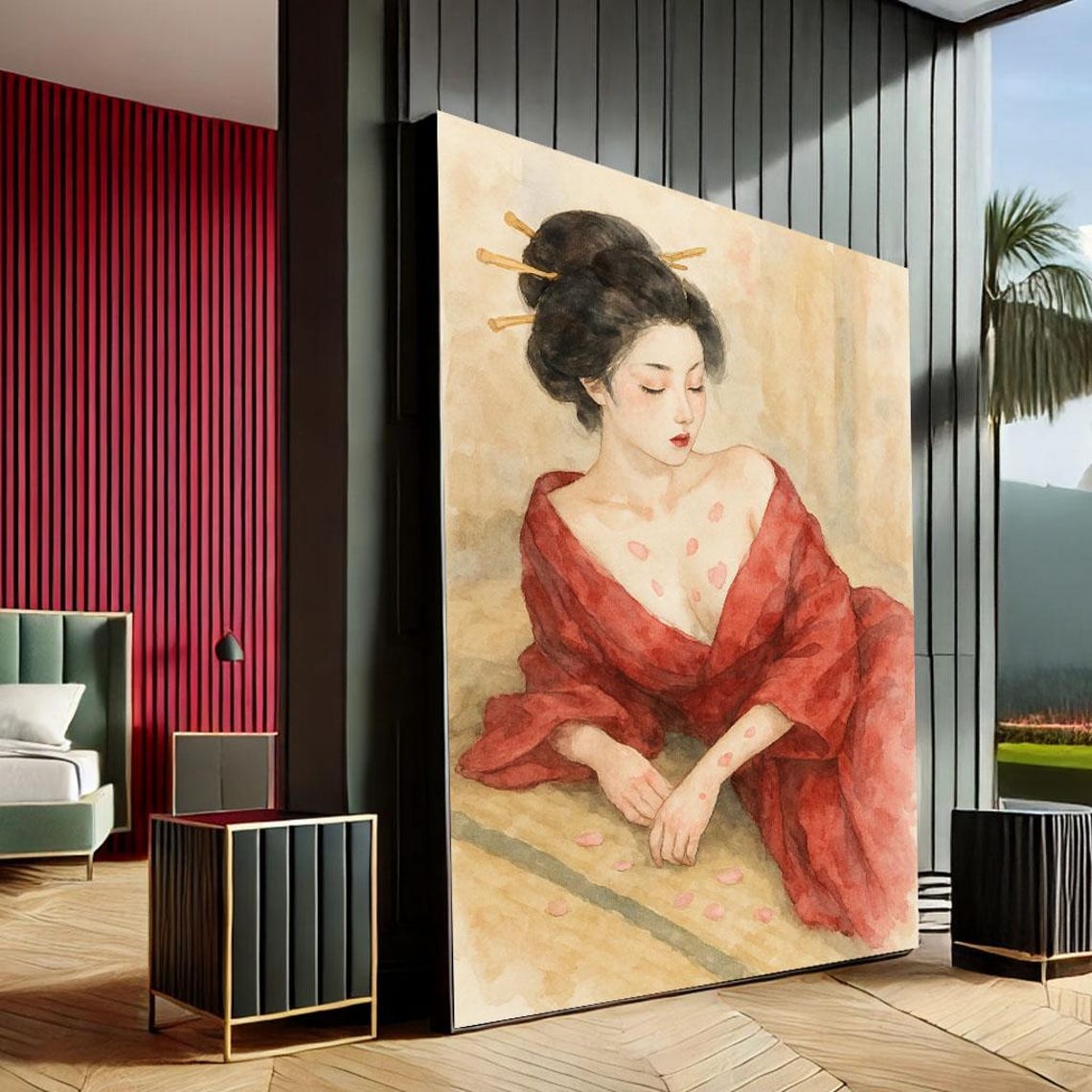 Elegant Japanese Geisha Art Canvas Wall Print Minimalist Red Bedroom Decor Ready To Hang