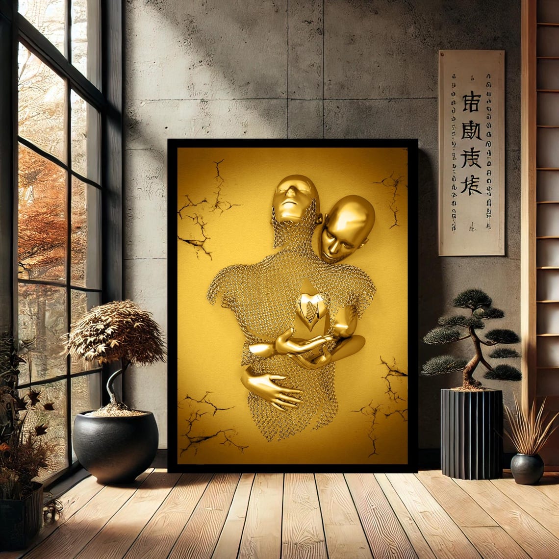 Metallic Cuddling Couple Hug Lovers Romantic Home Decor Canvas Wall Art Modern Print Abstract For