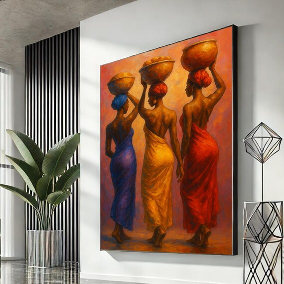 African Women Carrying Pots Vibrant Cultural Oil Painting Style Poster