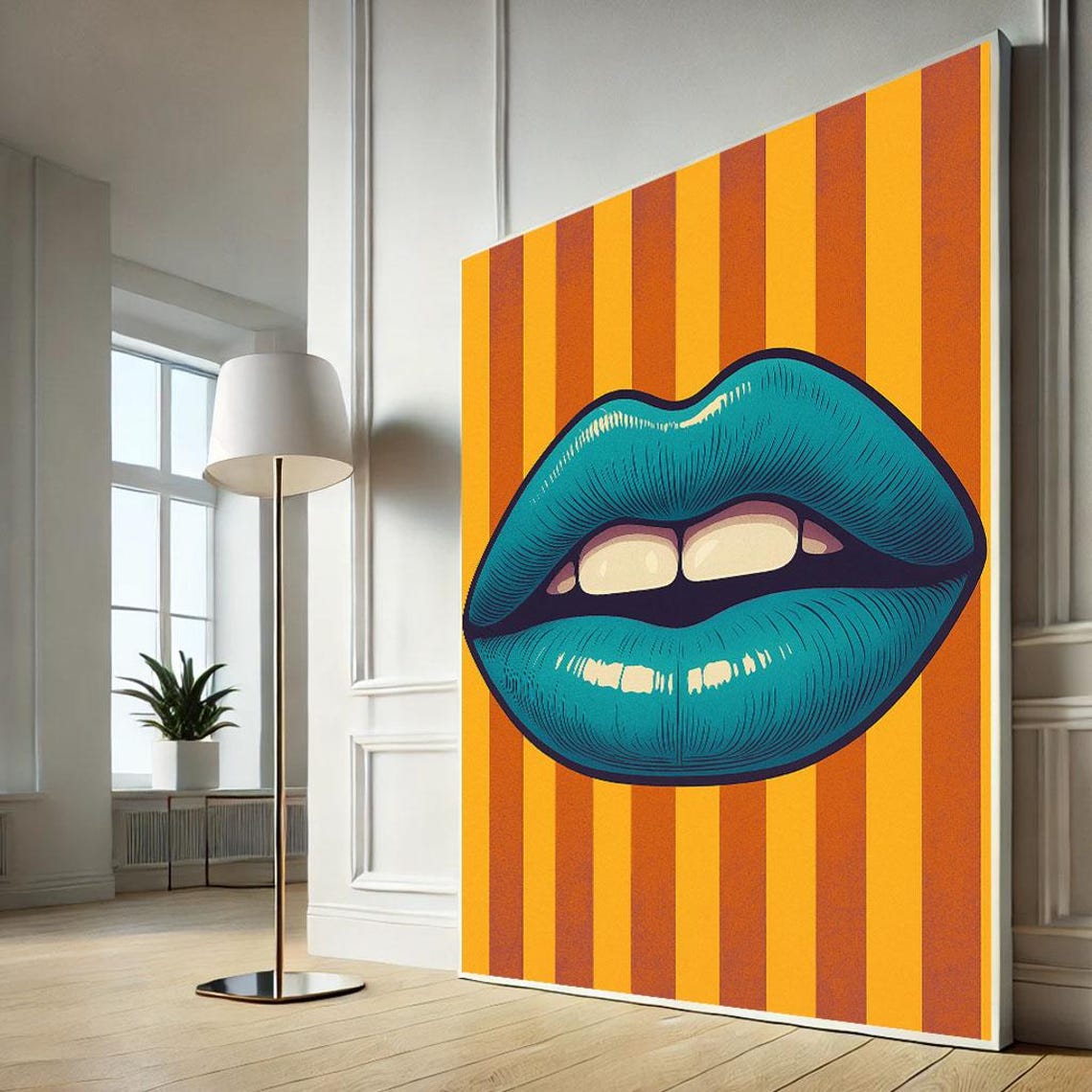 Pop Art Turquoise Lips On Orange Stripes Retro Statement Art Poster