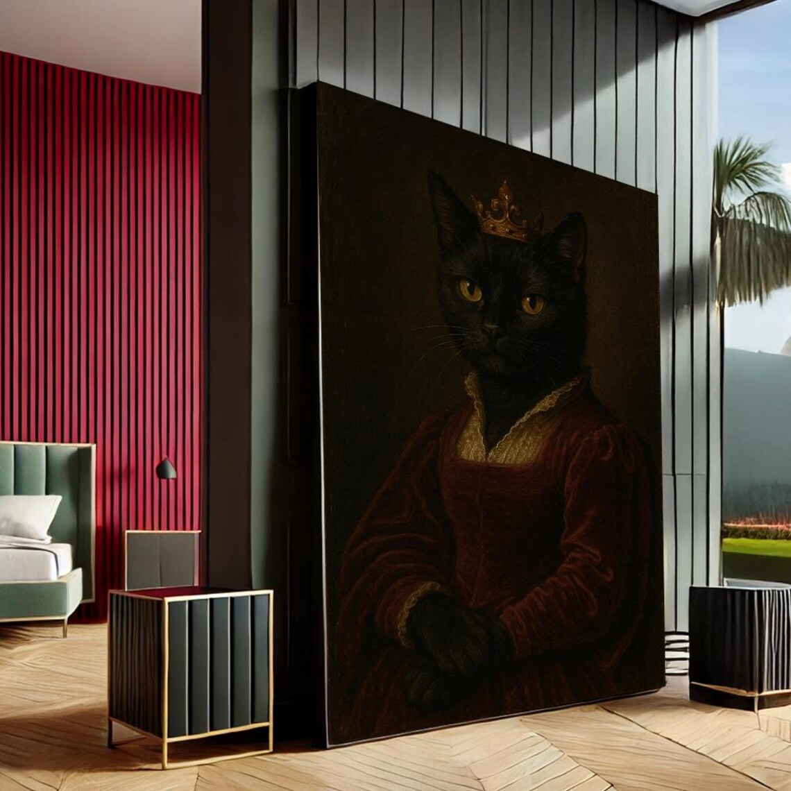 Regal Black Cat Portrait Renaissance Style Royal Crown Art Poster