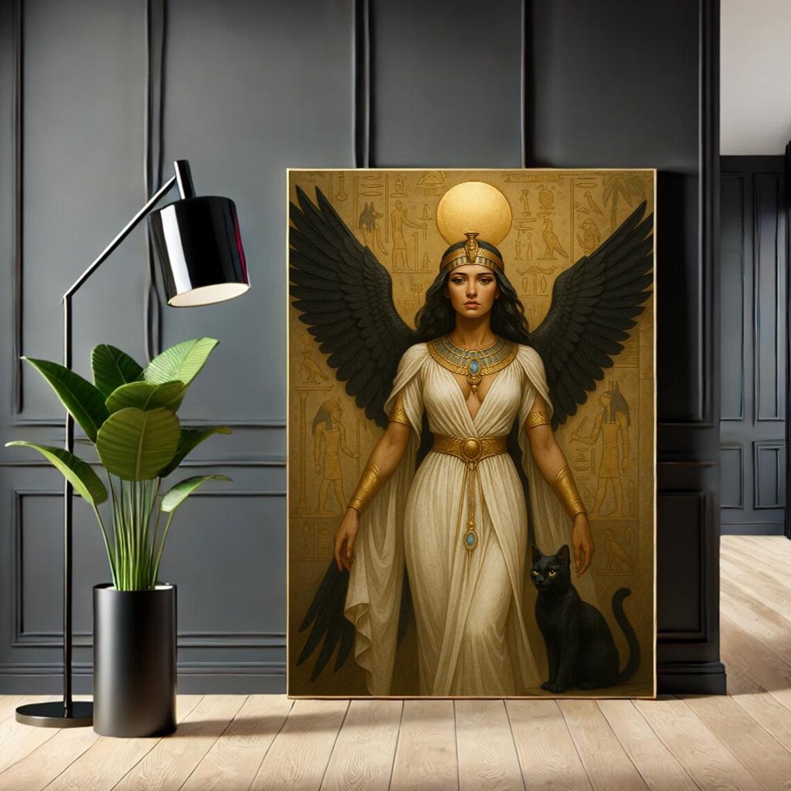 Majestic Egyptian Goddess Winged With Black Cat Canvas Poster