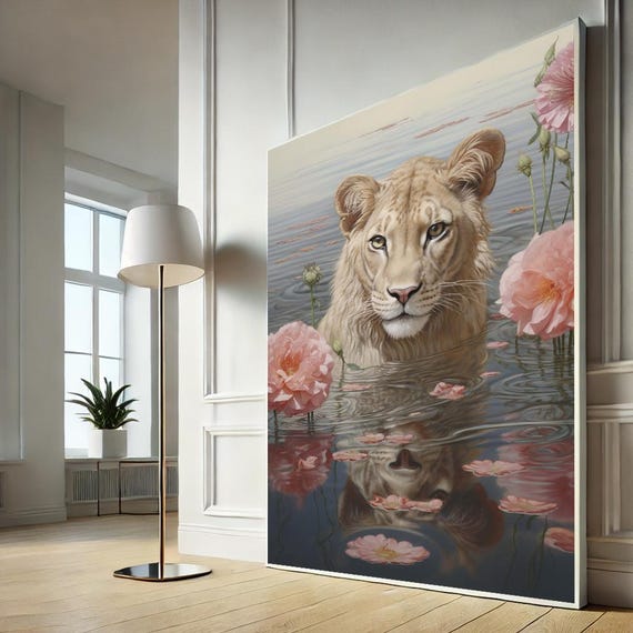 Serene Lion In Water With Flowers Canvas Wall Art Print Elegant Living Room Decor Statement Piece