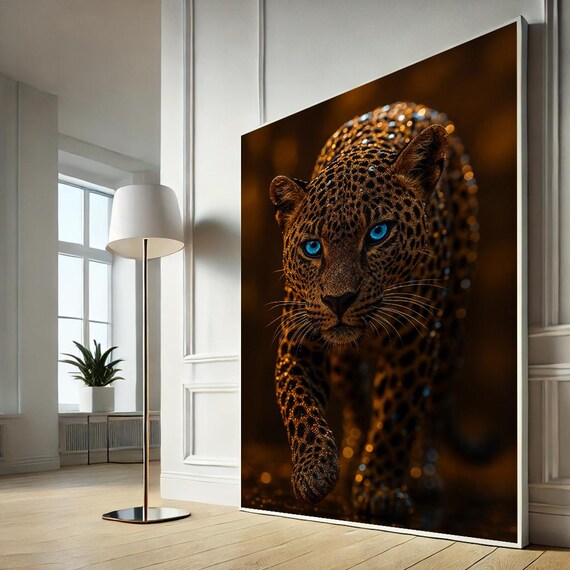 Blue Eyed Leopard Wild Cat Closeup Bold Amber Safari Wall Print