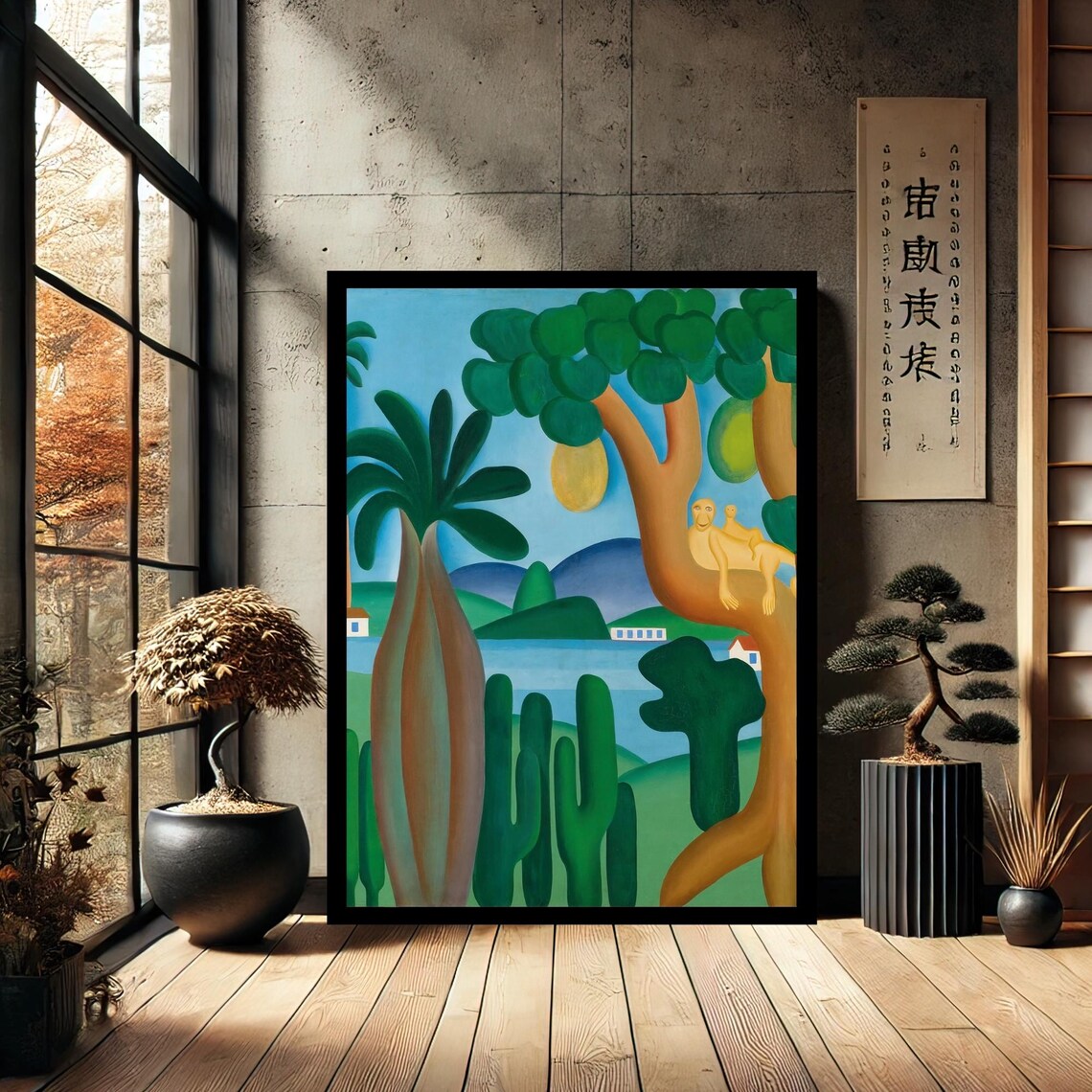 Naive Tropical Jungle Monkey Folk Art Landscape Colorful Wall Poster