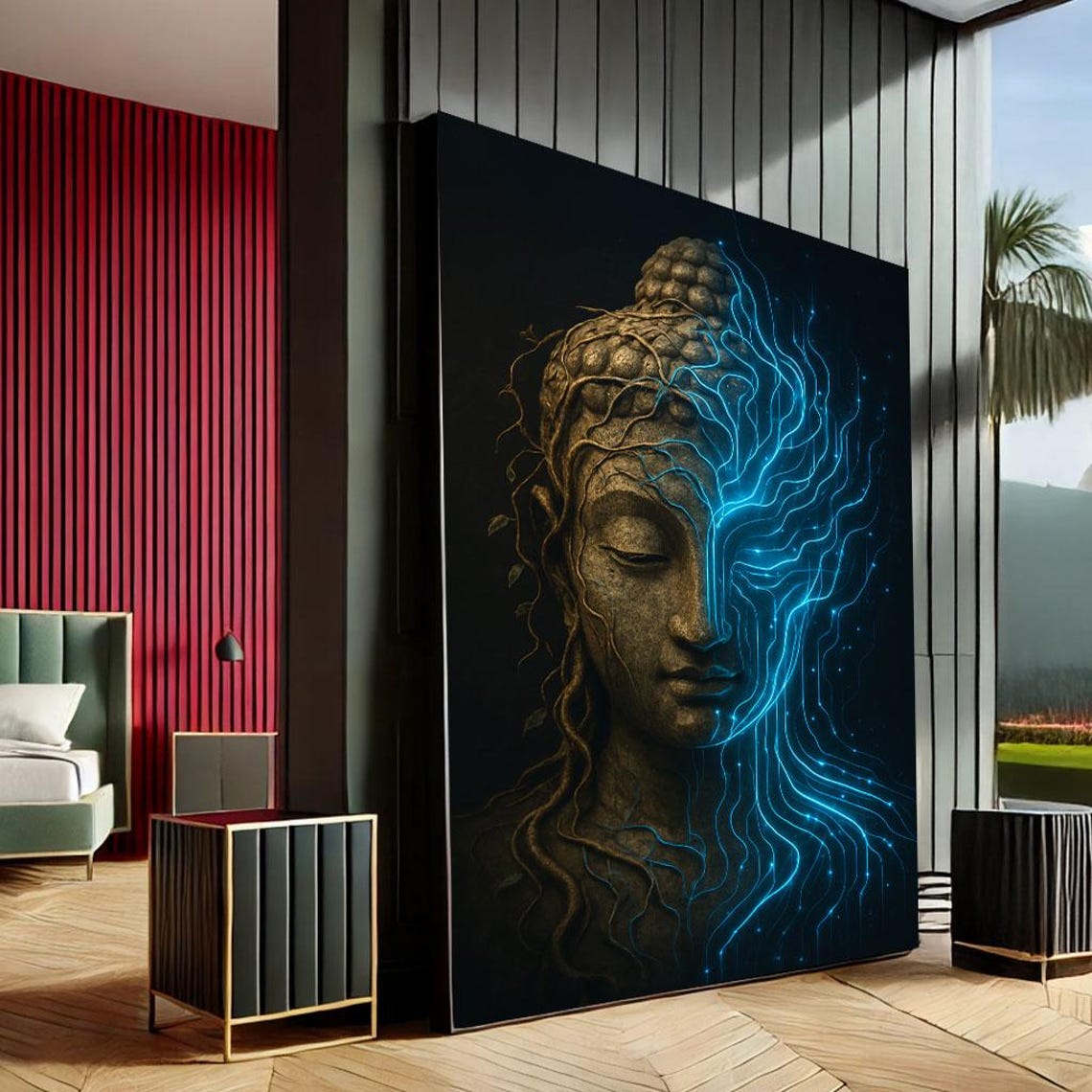 Serene Buddha Face With Electric Blue Lines Canvas Wall Art Print Modern Living Room Decor Statement Piece