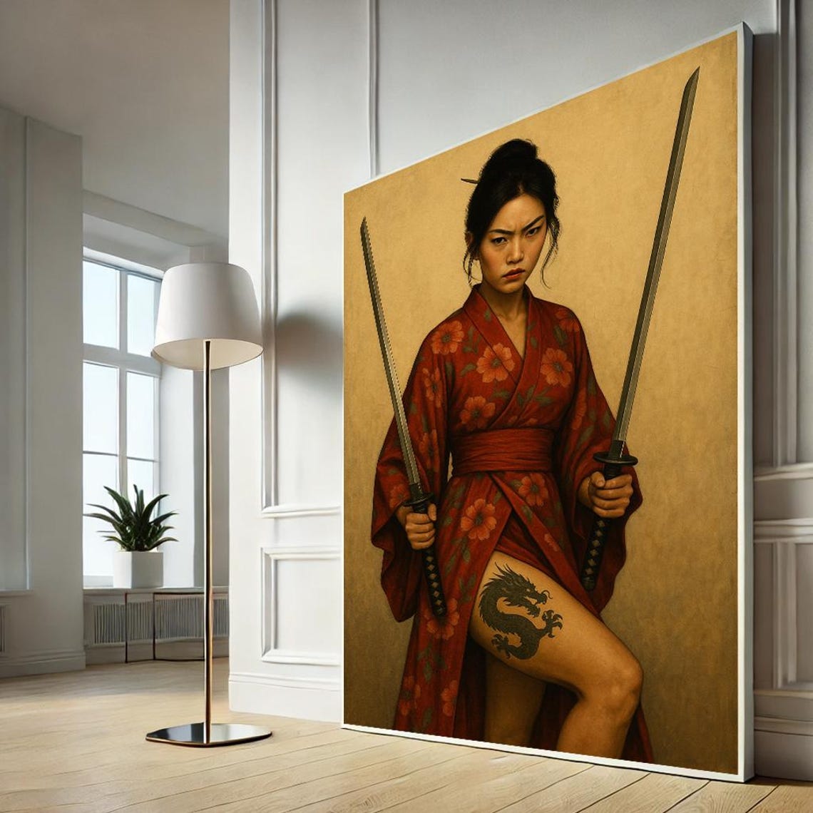 Samurai Woman Dual Katana Golden Background Warrior Art Poster
