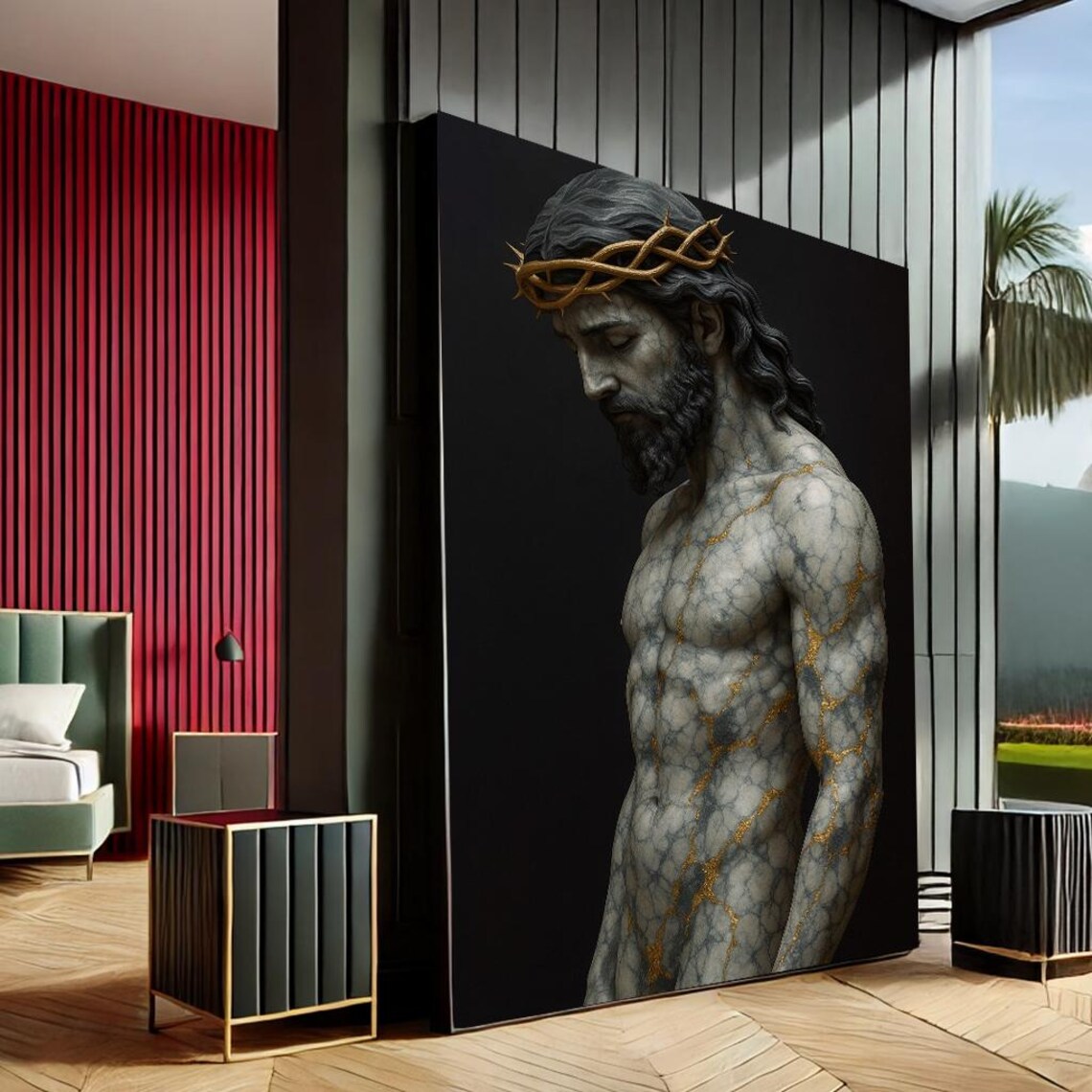 Jesus Christ Crown Of Thorns Marble Gold Veins Religious Art Poster