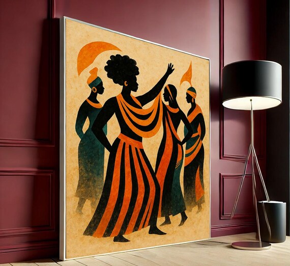 Elegant African Women Dancing Canvas Wall Art Vibrant Living Room Decor Ready To Hang Cultural Gift