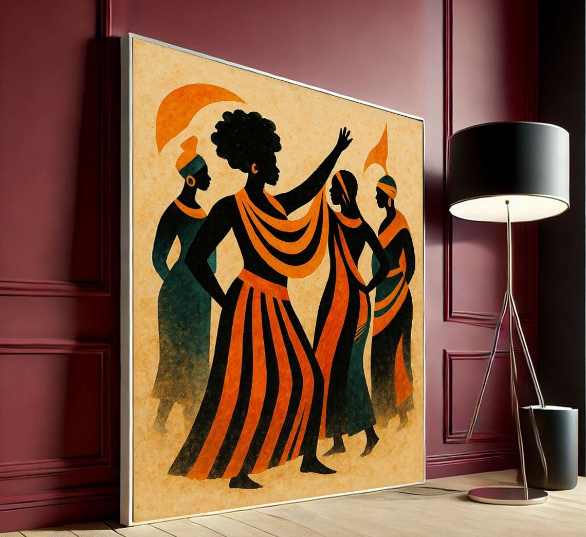 African Women Dancing Stylized Silhouette Tribal Dance Art Poster