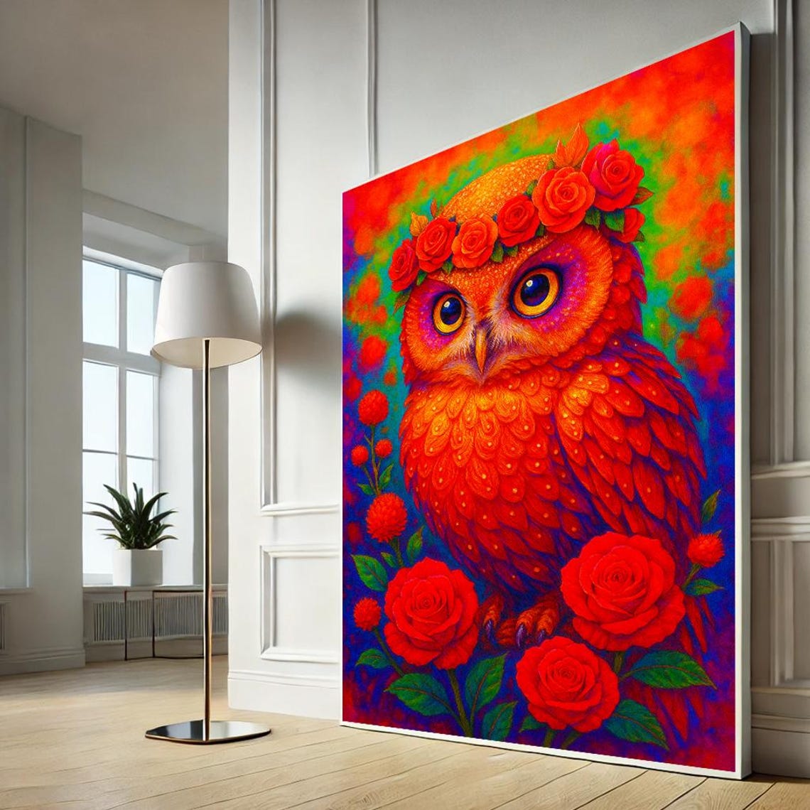 Fiery Orange Owl with Red Roses Psychedelic Wildlife Art Poster