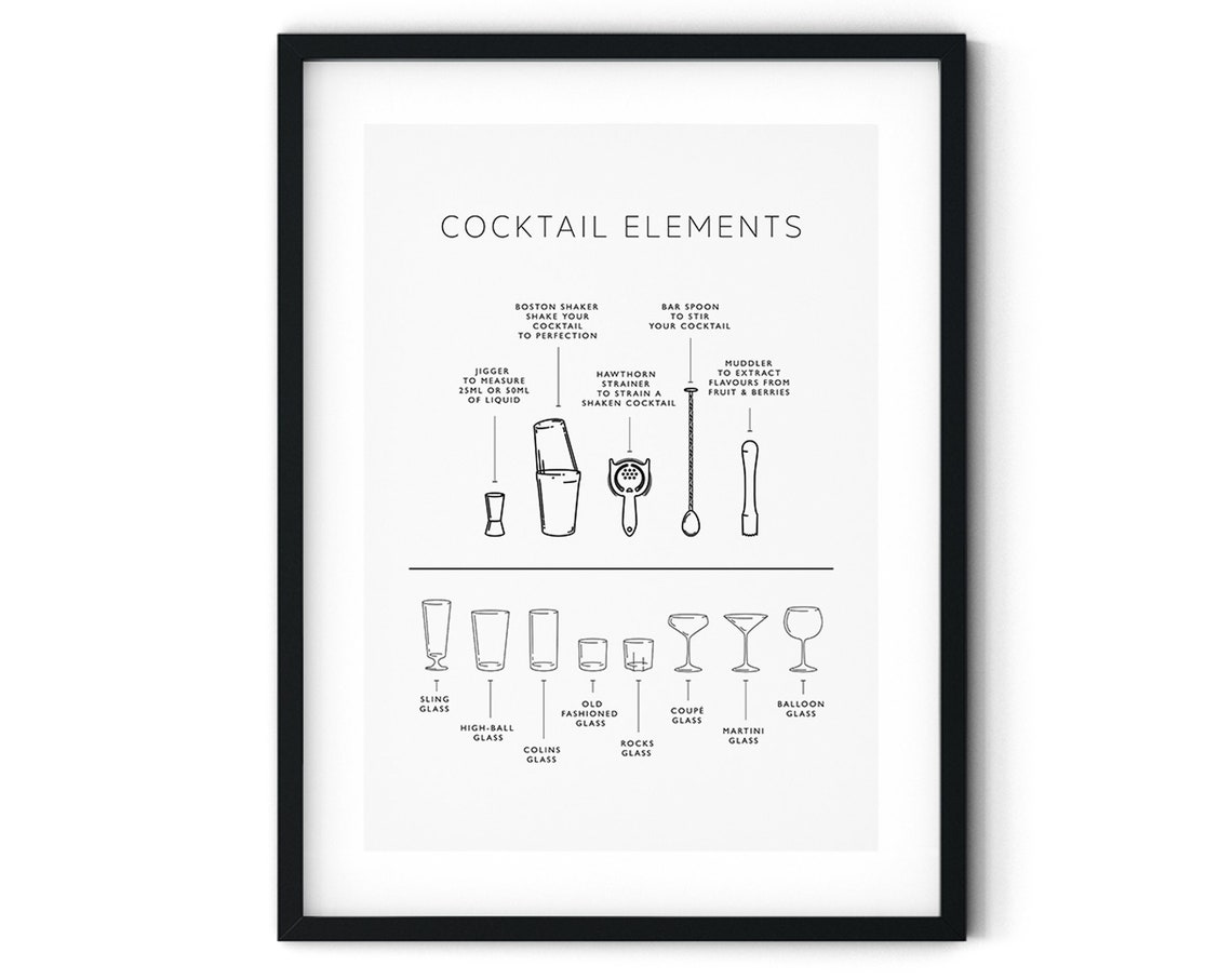 Cocktail Elements Bar Tools And Glassware Infographic Art Print