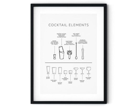 Cocktail Elements Bar Tools And Glassware Infographic Art Print