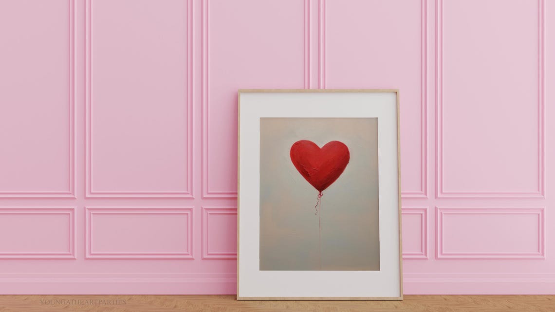 Red Heart Balloon Minimalist Love Art Soft Gray Modern Wall Print - Image 2