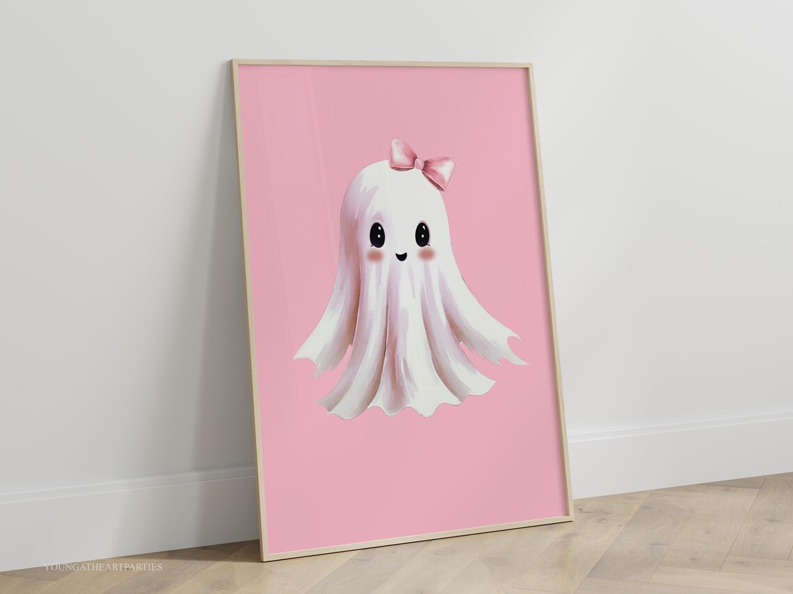 Cute Pink Bow Ghost Halloween Nursery Baby Girl Room Wall Art