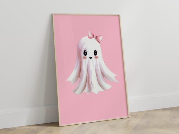 Pink Bow Ghost Wall Art Print Cute Ghost Painting Girly Print Girls Room Halloween Decor Preppy Trendy Art Coquette Aesthetic