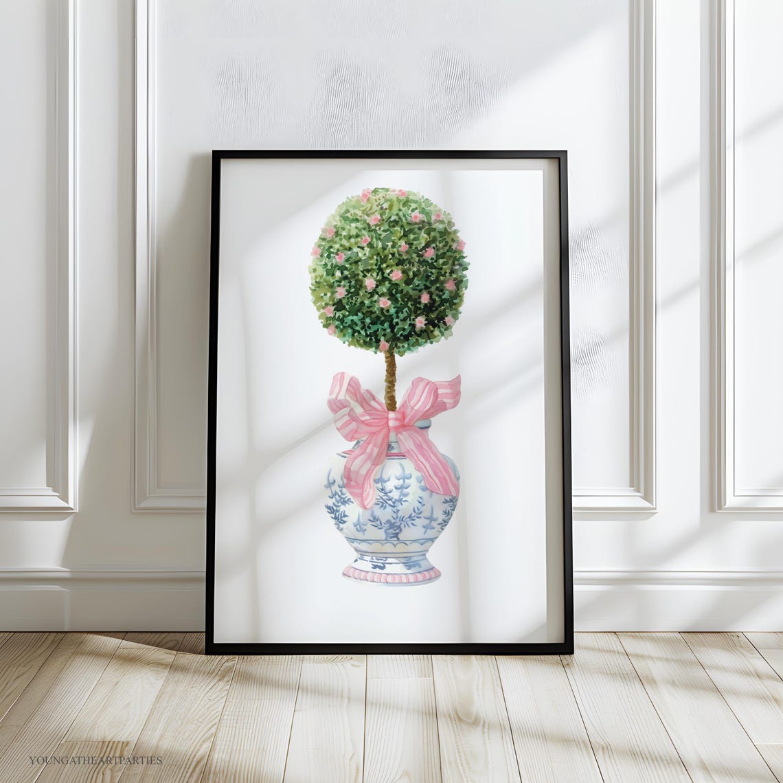 Blue Ginger Jar Topiary Pink Bow Chinoiserie Chic Decor Wall Art - Image 6