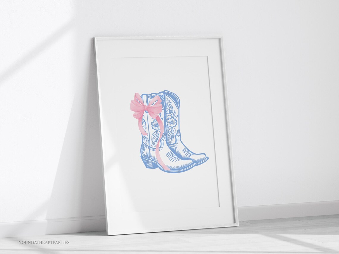 Coquette Blue Cowboy Boots Pink Bow Western Nursery Wall Art - Image 4